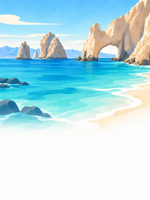 Watercolour illustration: the rock arch and turquoise water at Cabo San Lucas