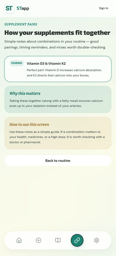 STapp screen: supplement pairs, explaining why Vitamin D3 and K2 go together