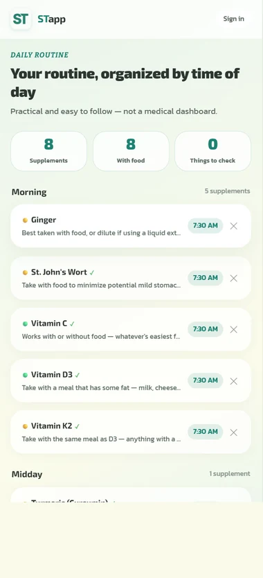 STapp screen: the daily routine, with supplements sorted by time of day