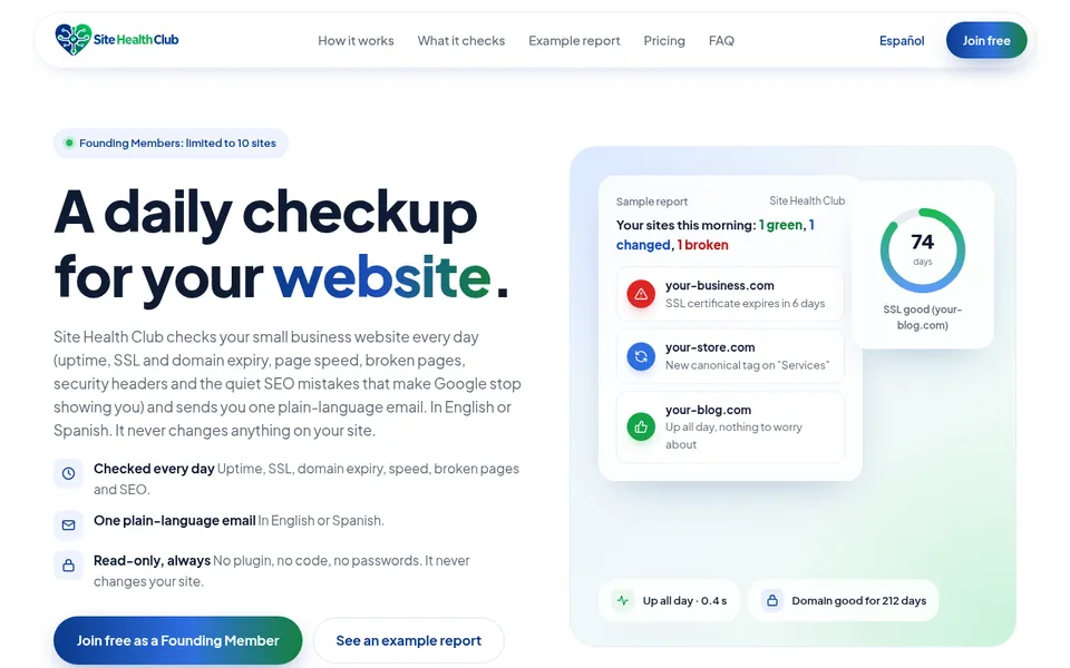 Screenshot of the sitehealthclub.com home page with a sample report